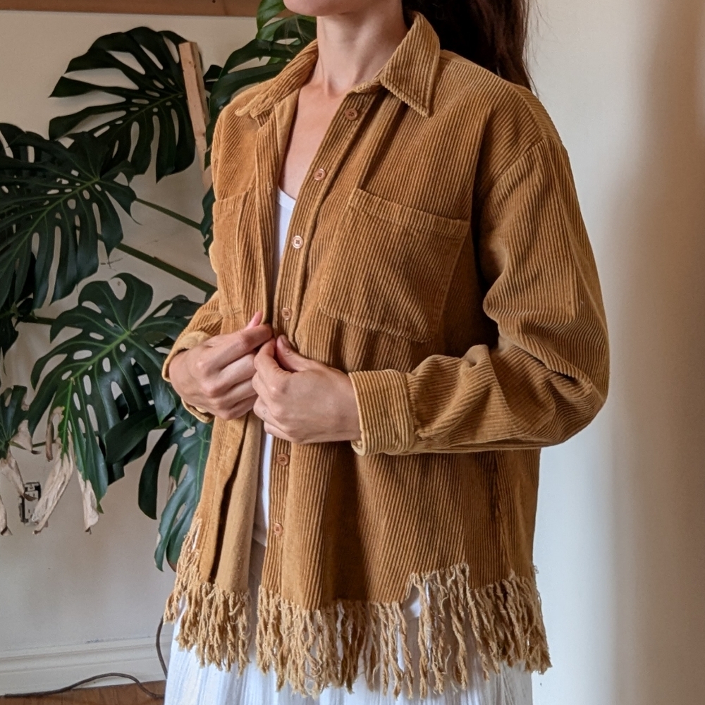 Moon River Mustard Fringed Corduroy Jacket